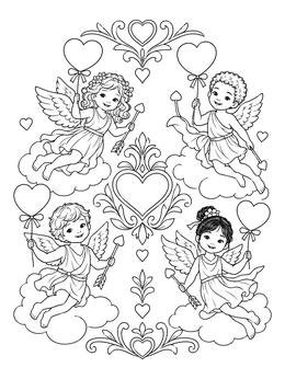 Sweet cherubs on clouds in this happy coloring page with hearts.