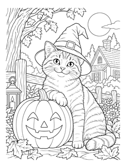 A happy coloring page of a smiling cat in a witch hat resting on a carved pumpkin.