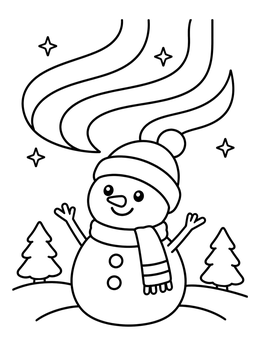 Free printable Happy Snowman Under Northern Lights coloring page