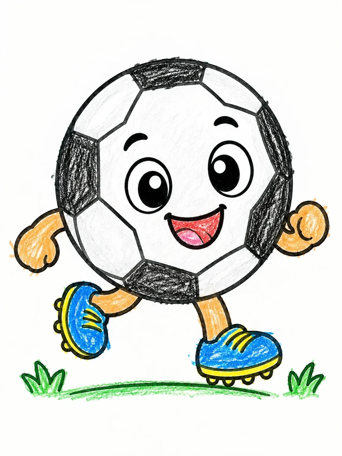 Colored example of the Happy Soccer Ball Running In Cleats coloring page