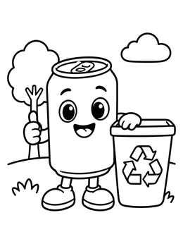 Free printable Happy Soda Can Beside Recycling Bin coloring page