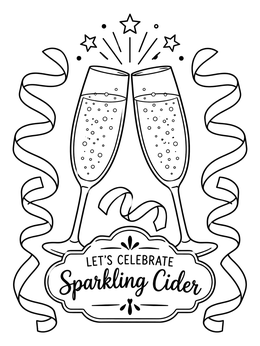 Two sparkling cider flutes clinking together in a festive happy coloring page.