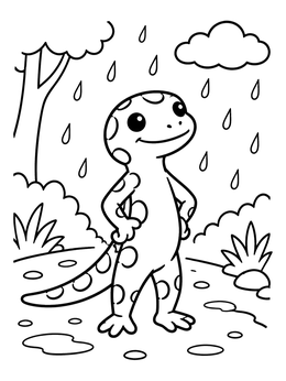 A cute cartoon salamander coloring page enjoying a gentle rain shower outdoors.