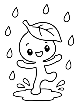 A cheerful plant sprout coloring page showing a dancing seedling in the rain.