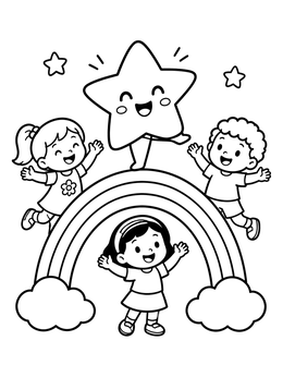 A cheerful five-pointed star coloring page with kids around a rainbow.