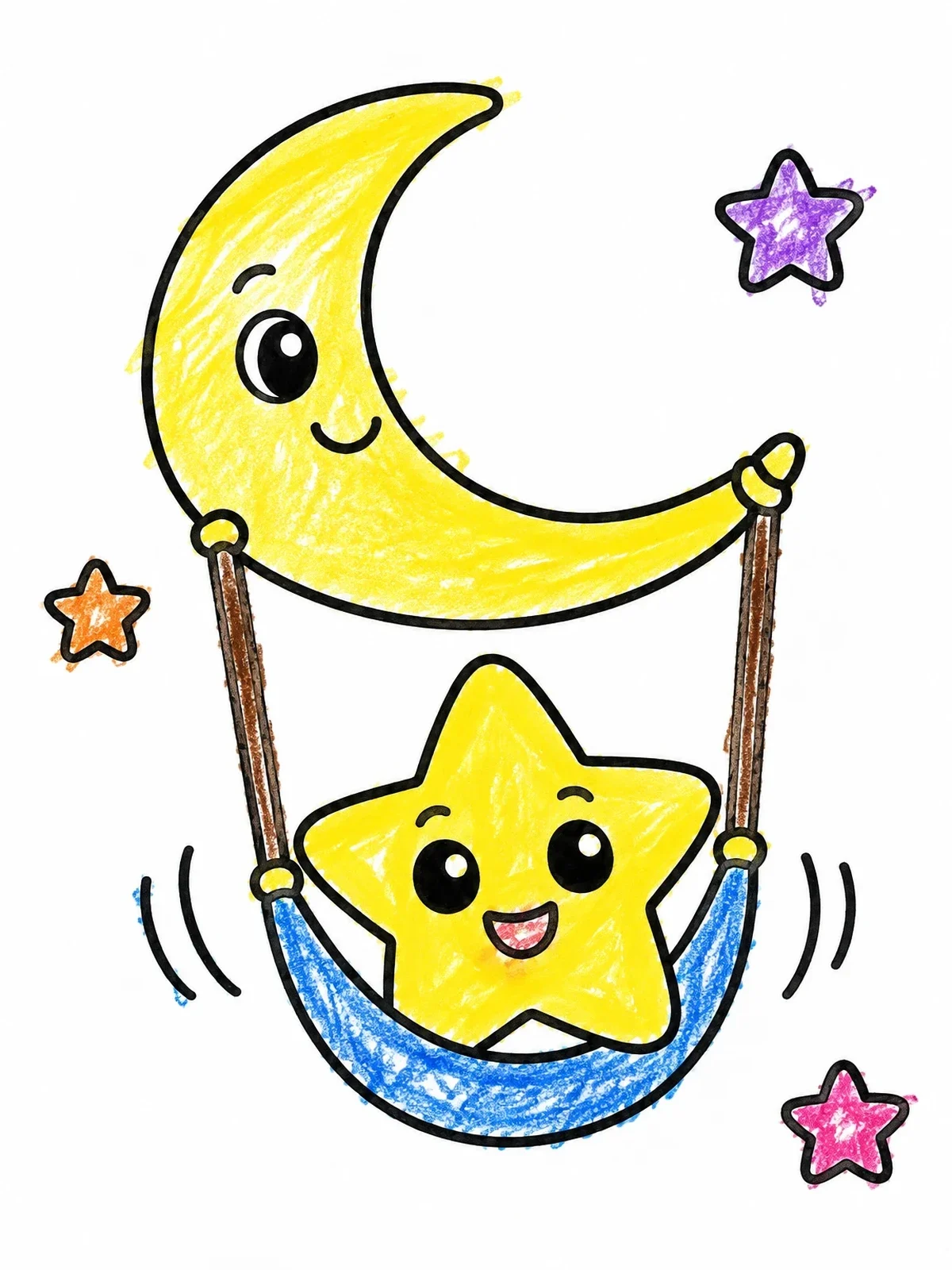 Colored example of the Happy Star On A Moon Swing coloring page