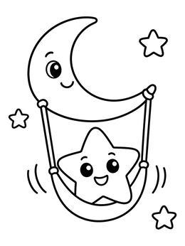 A cheerful star swings beneath a crescent moon in this cute star coloring page.