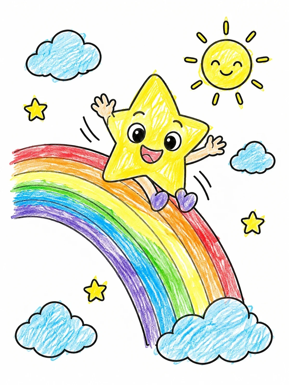 Colored example of the Happy Star Sliding Down A Rainbow coloring page