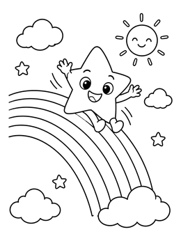 Free printable Happy Star Sliding Down A Rainbow coloring page