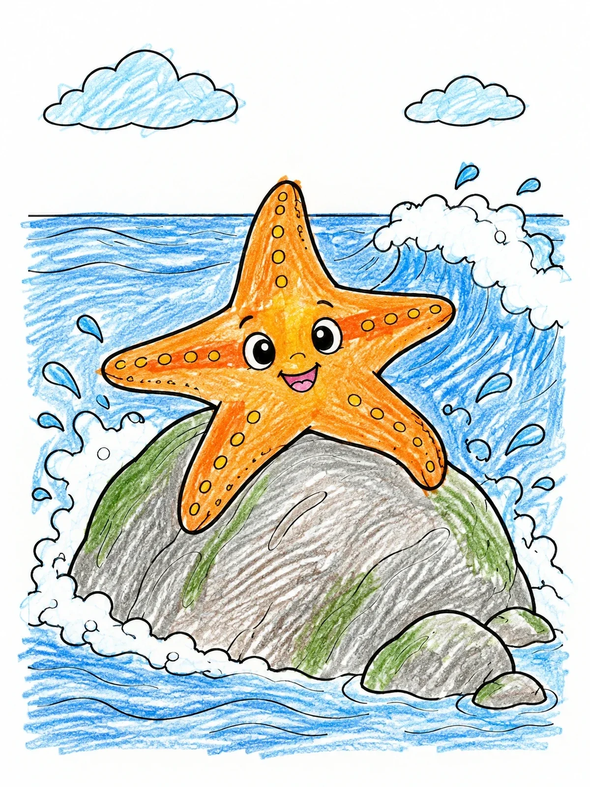 Colored example of the Happy Starfish On An Ocean Rock coloring page