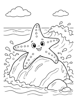A starfish coloring page featuring a cheerful sea star resting on a rock surrounded by ocean waves.