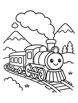 Free printable Happy Steam Train In Mountains coloring page