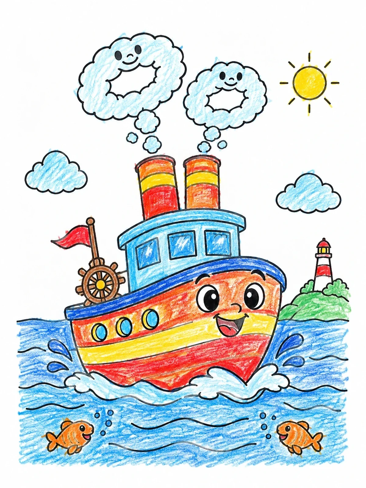 Colored example of the Happy Steamboat On Sunny Waters coloring page
