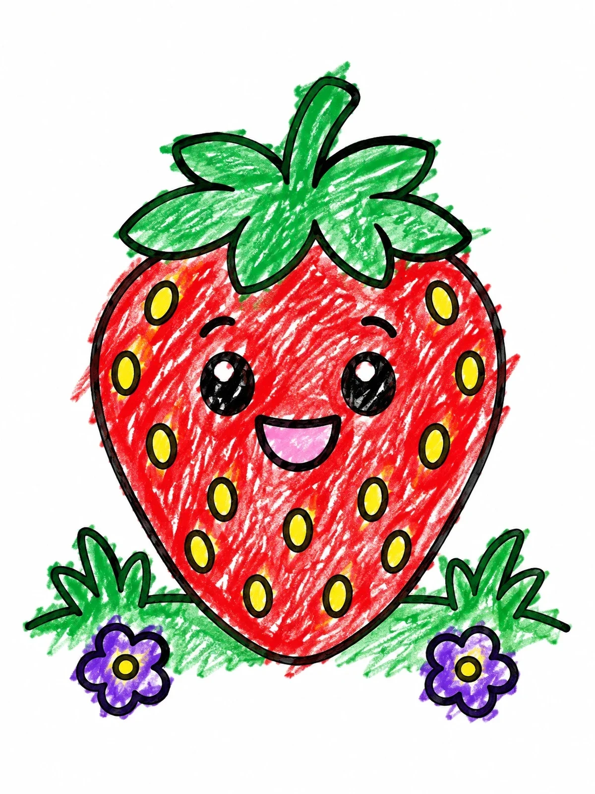 Colored example of the Happy Strawberry With Flowers coloring page