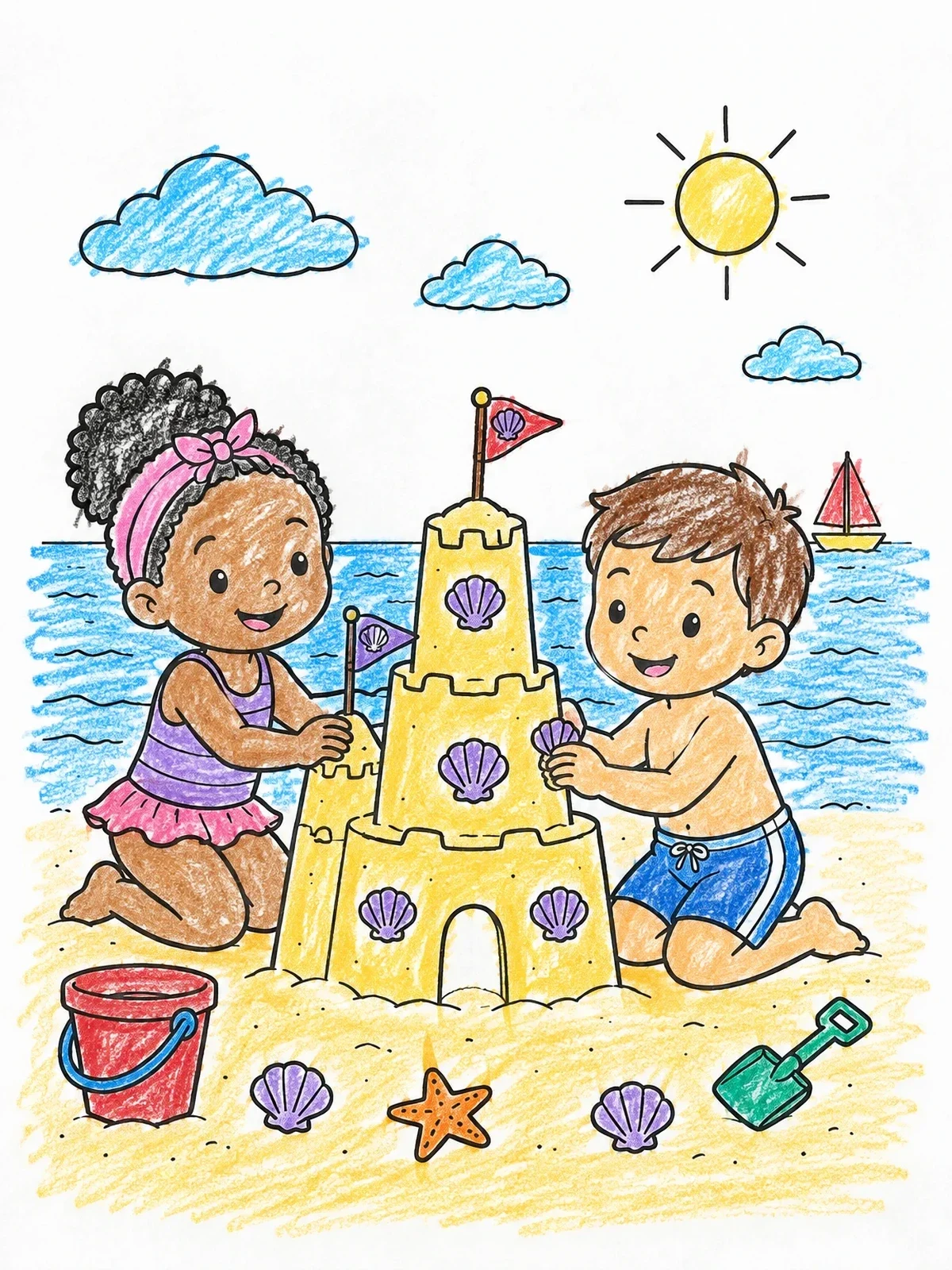 Colored example of the Children Building A Sandcastle At The Beach coloring page
