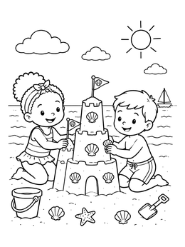 Free printable Children Building A Sandcastle At The Beach coloring page