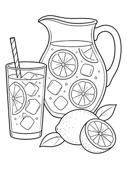A happy summer coloring page featuring a pitcher of lemonade, an iced drink, and fresh lemons.