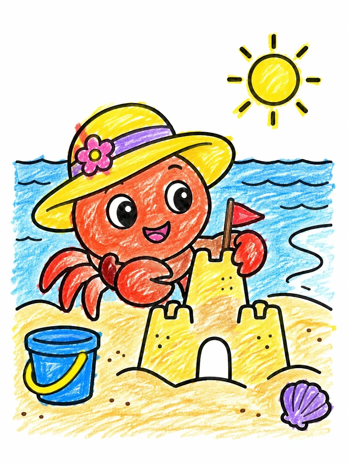 Colored example of the Cute Crab Building A Sandcastle coloring page