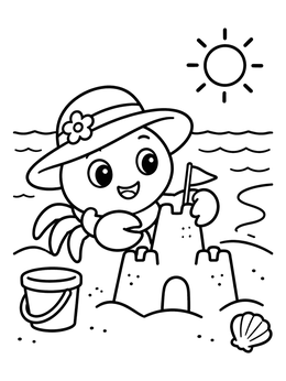 A cheerful crab in a sunhat builds a sandcastle on this happy summer coloring page.