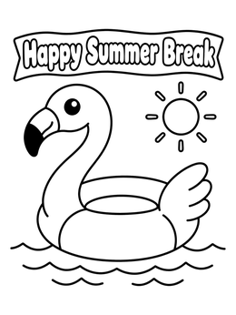 A happy summer coloring page showing a cute flamingo float in the water under a bright sun.