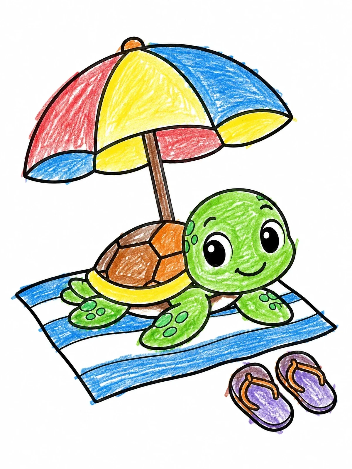Colored example of the Cute Sea Turtle Under Beach Umbrella coloring page