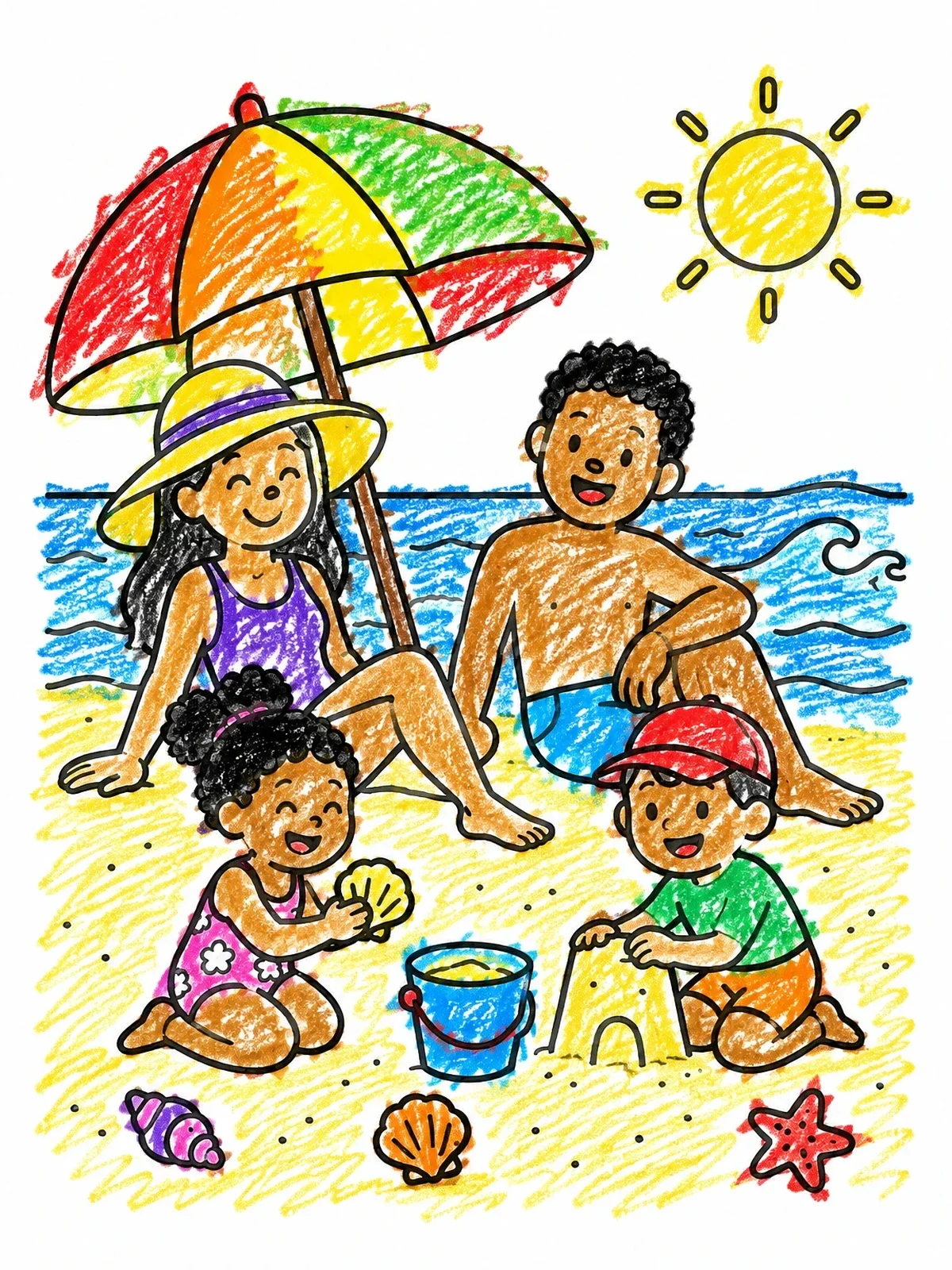 Colored example of the Family Beach Day Under The Sun coloring page