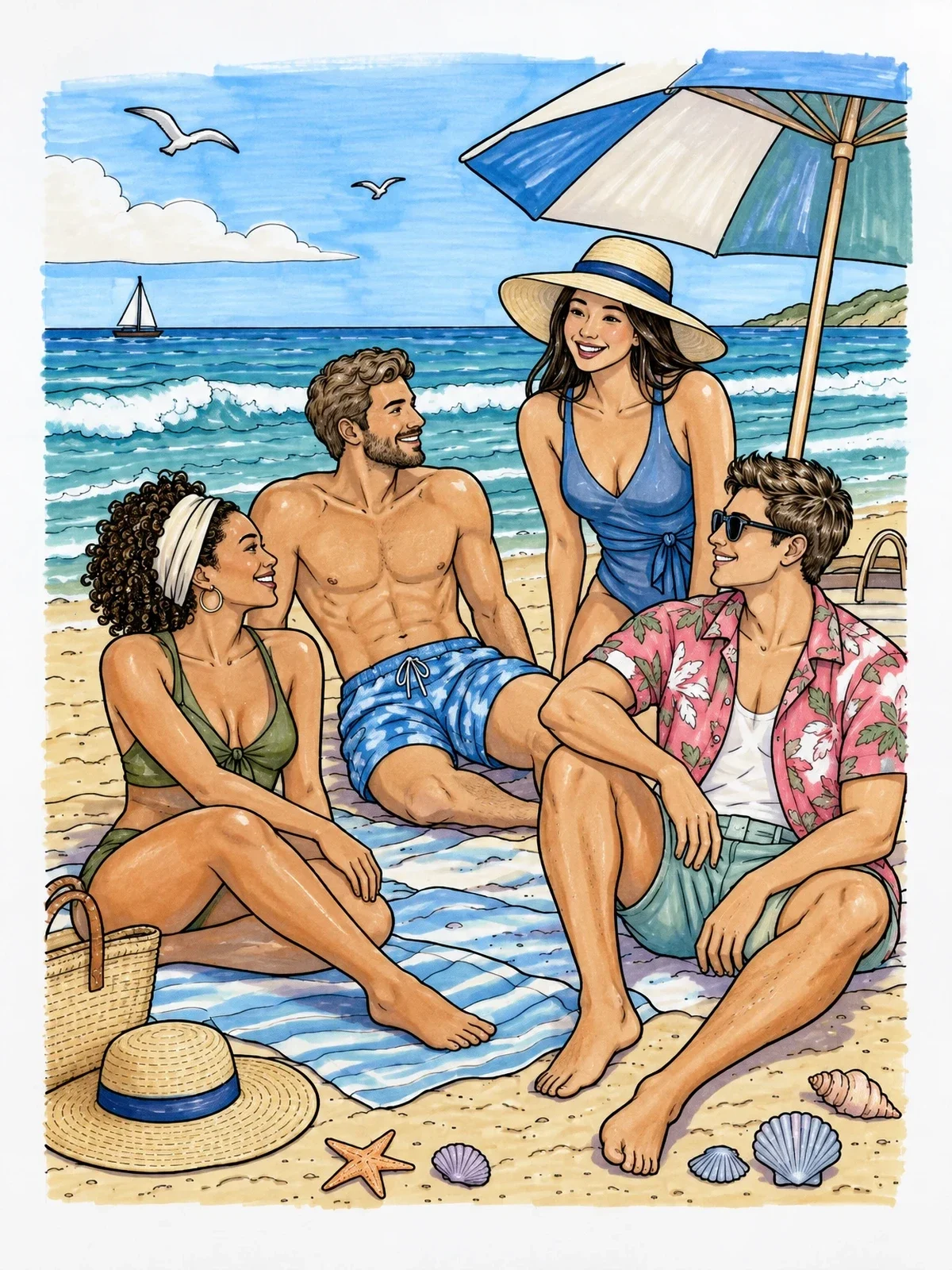 Colored example of the Friends Relaxing On Summer Beach coloring page