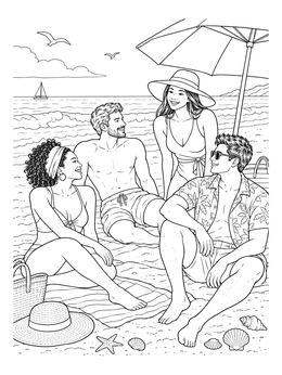 A group of friends relaxing on the sand in this happy summer coloring page.