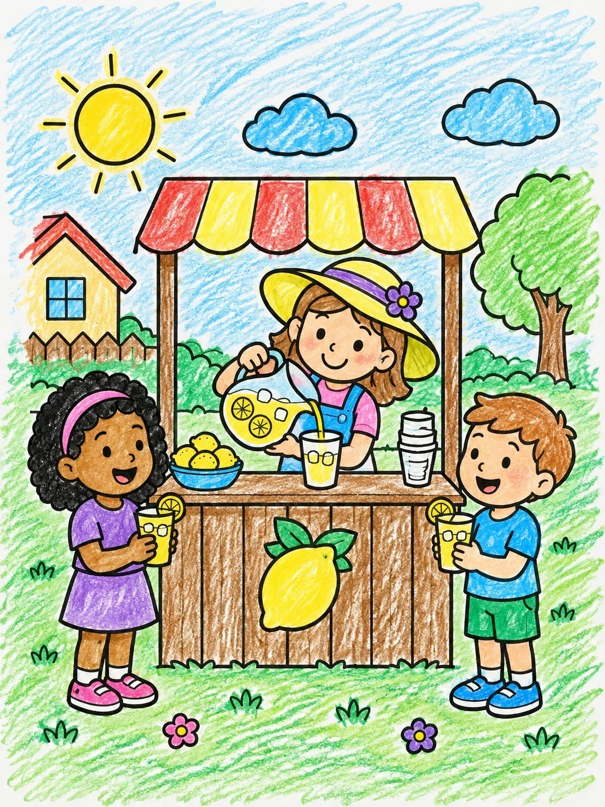 Colored example of the Children At Lemonade Stand coloring page