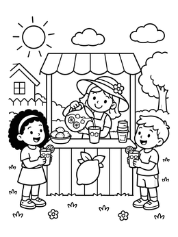 Kids buying drinks at a stand in this happy summer coloring page.