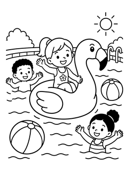 Free printable Kids Swimming With Flamingo Float coloring page