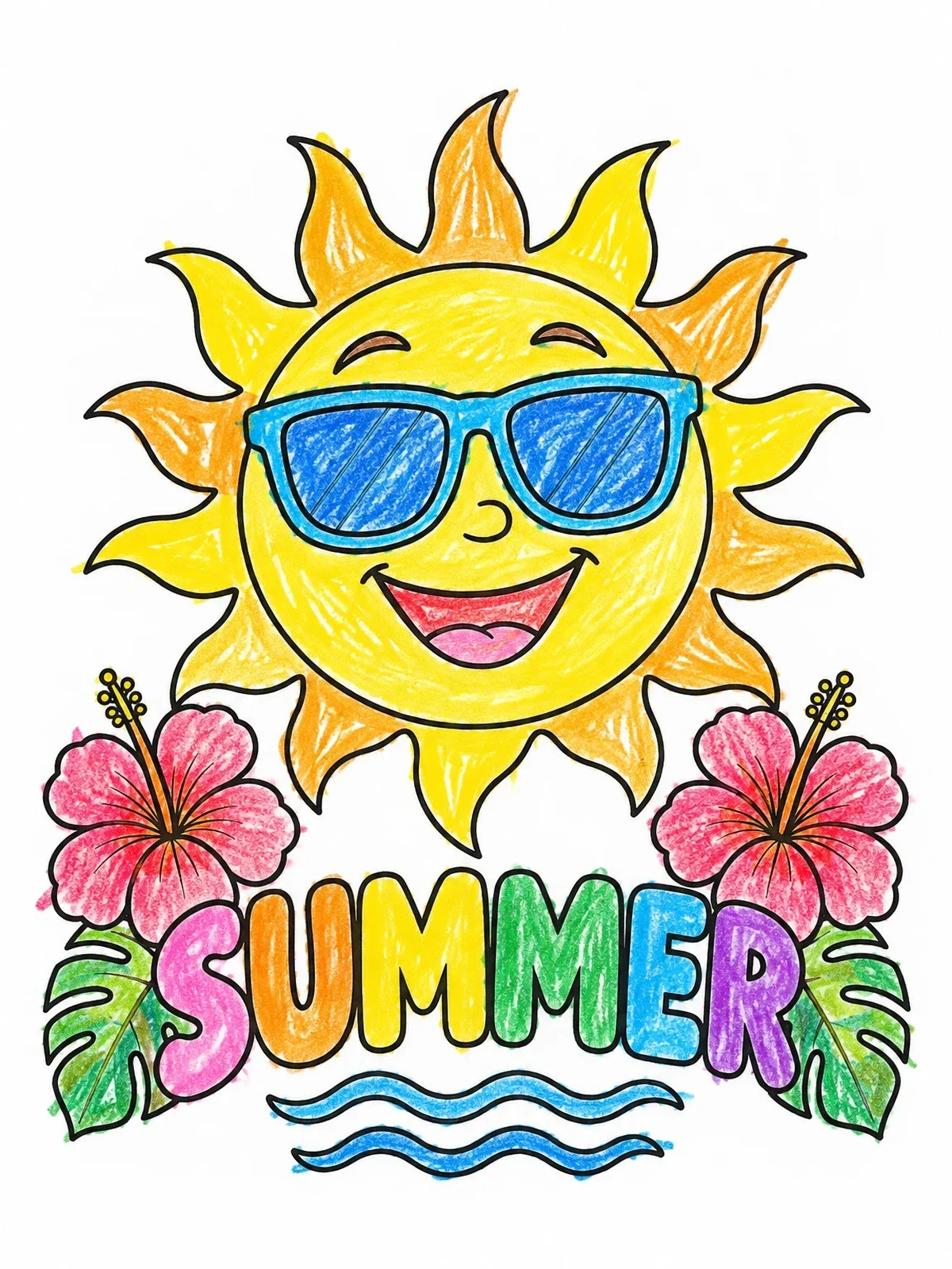 Colored example of the Smiling Sun With Sunglasses And Flowers coloring page