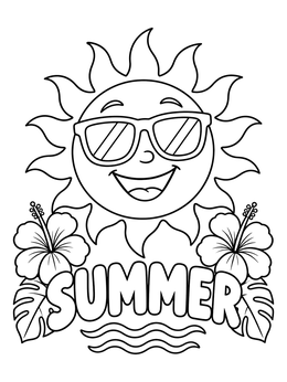 A cheerful happy summer coloring page featuring a smiling sun in sunglasses, tropical flowers, and the word summer.