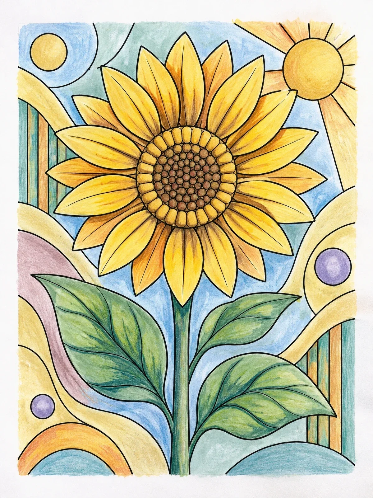 Colored example of the Stylized Blooming Sunflower In Sunlight coloring page