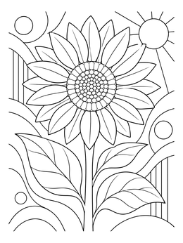 A blooming sunflower under bright rays in this happy summer coloring page.