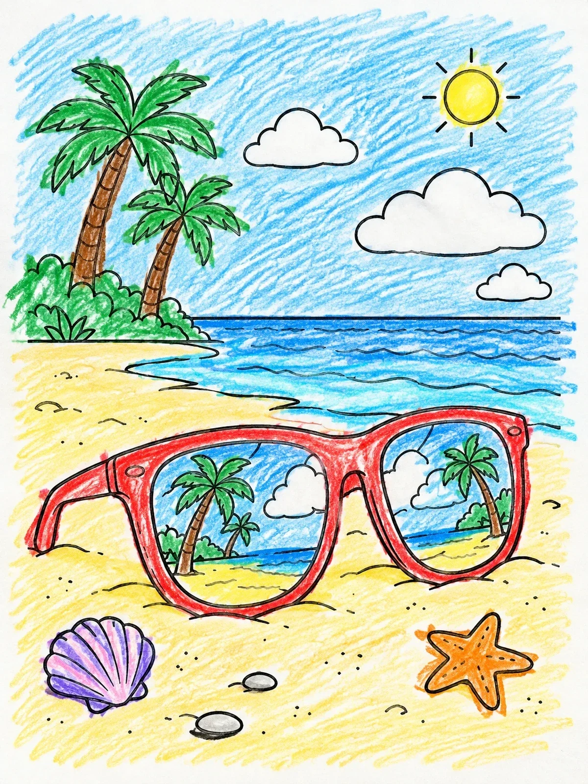 Colored example of the Sunglasses Resting On A Sunny Beach coloring page