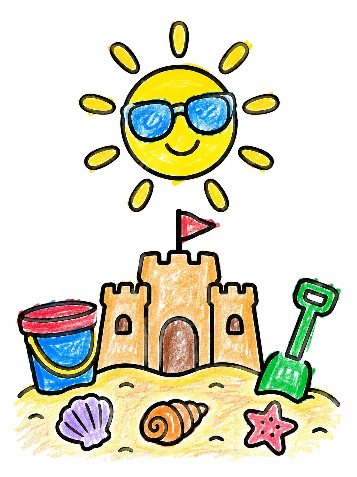 Colored example of the Sunny Day At The Beach Sandcastle coloring page