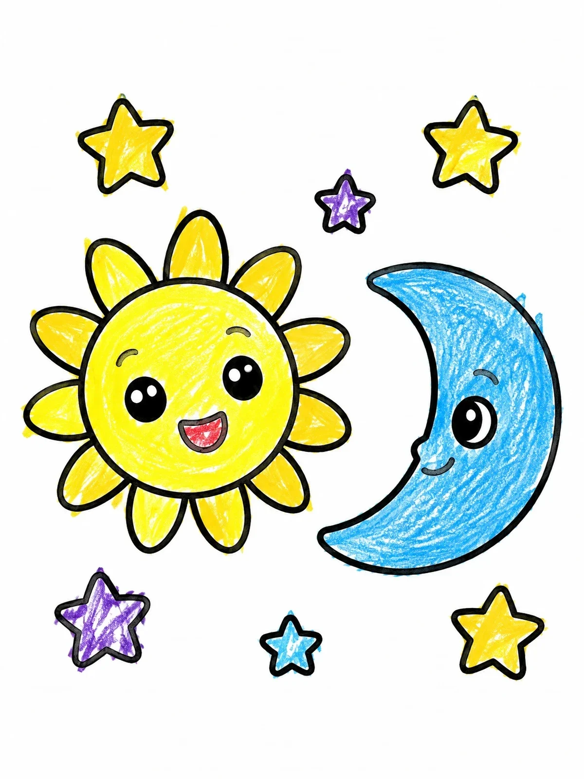 Colored example of the Happy Sun And Crescent Moon With Stars coloring page
