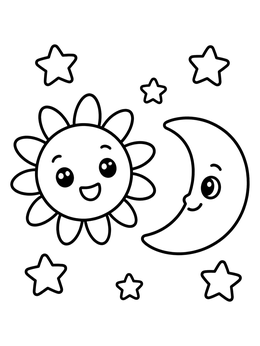 Free printable Happy Sun And Crescent Moon With Stars coloring page