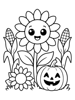 A cheerful sunflower coloring page with corn stalks and a smiling pumpkin.