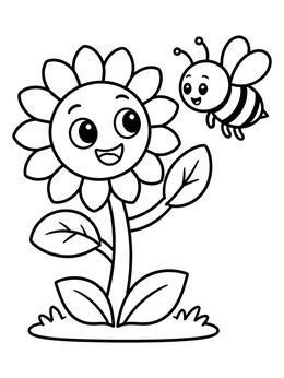 A happy sunflower coloring page featuring a smiling bee flying nearby.
