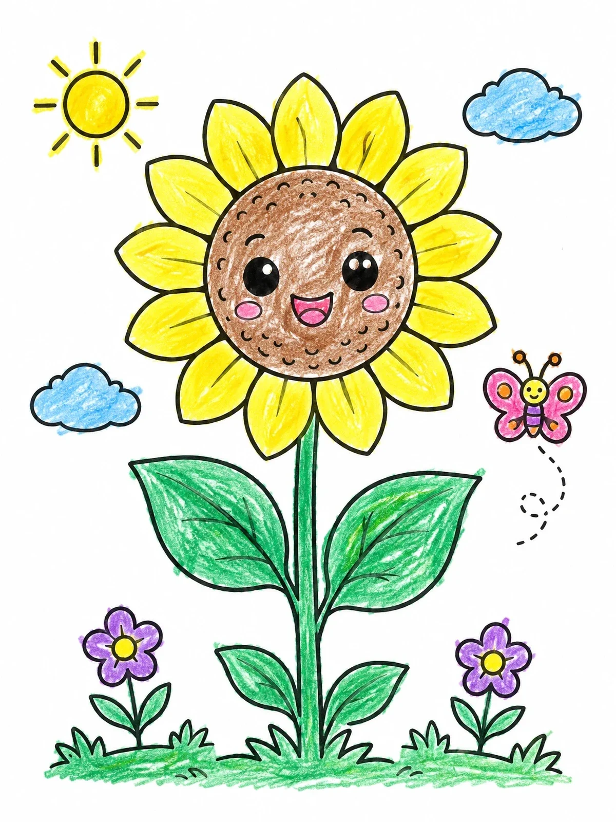 Colored example of the Happy Sunflower In The Summer Sun coloring page