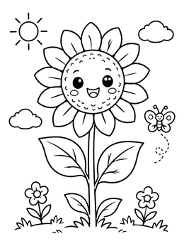 A cheerful sunflower smiles under the sun in this summer kawaii coloring page.