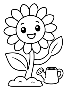 Free printable Happy Sunflower With Watering Can coloring page