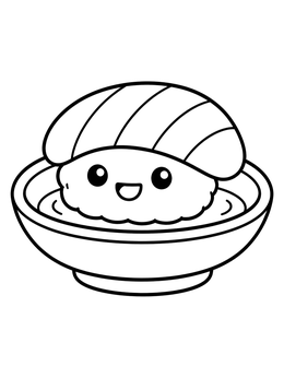 A cute cartoon sushi coloring page featuring a smiling nigiri sitting inside a small dipping bowl.