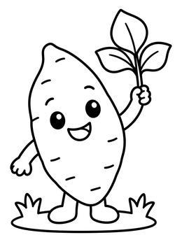 Free printable Happy Sweet Potato Holding Leaves coloring page