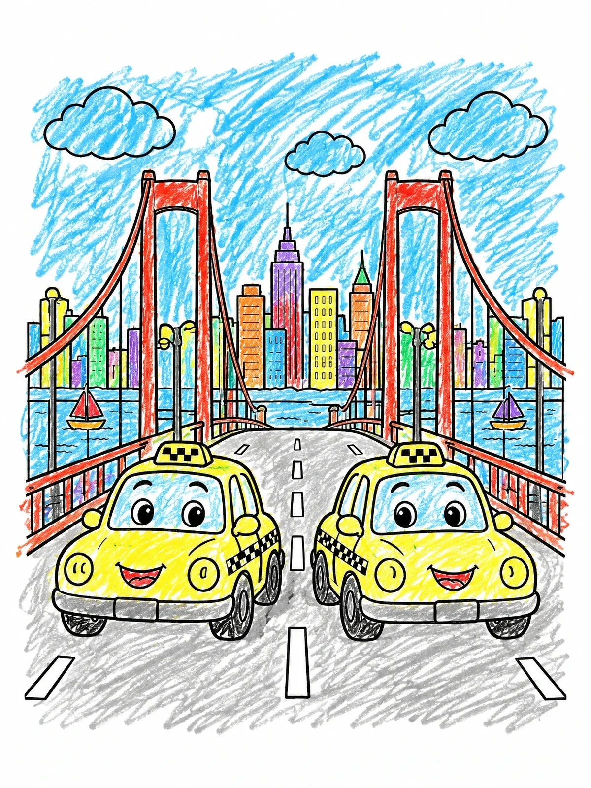 Colored example of the Happy Taxis On A City Bridge coloring page