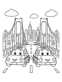 Free printable Happy Taxis On A City Bridge coloring page