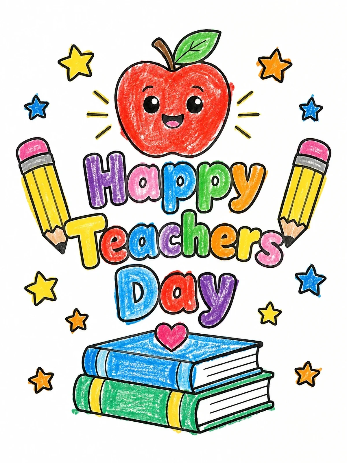 Colored example of the Happy Teachers Day With Cute Apple coloring page