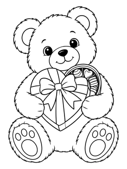 A happy coloring page of a smiling teddy bear holding a heart-shaped box of chocolates.